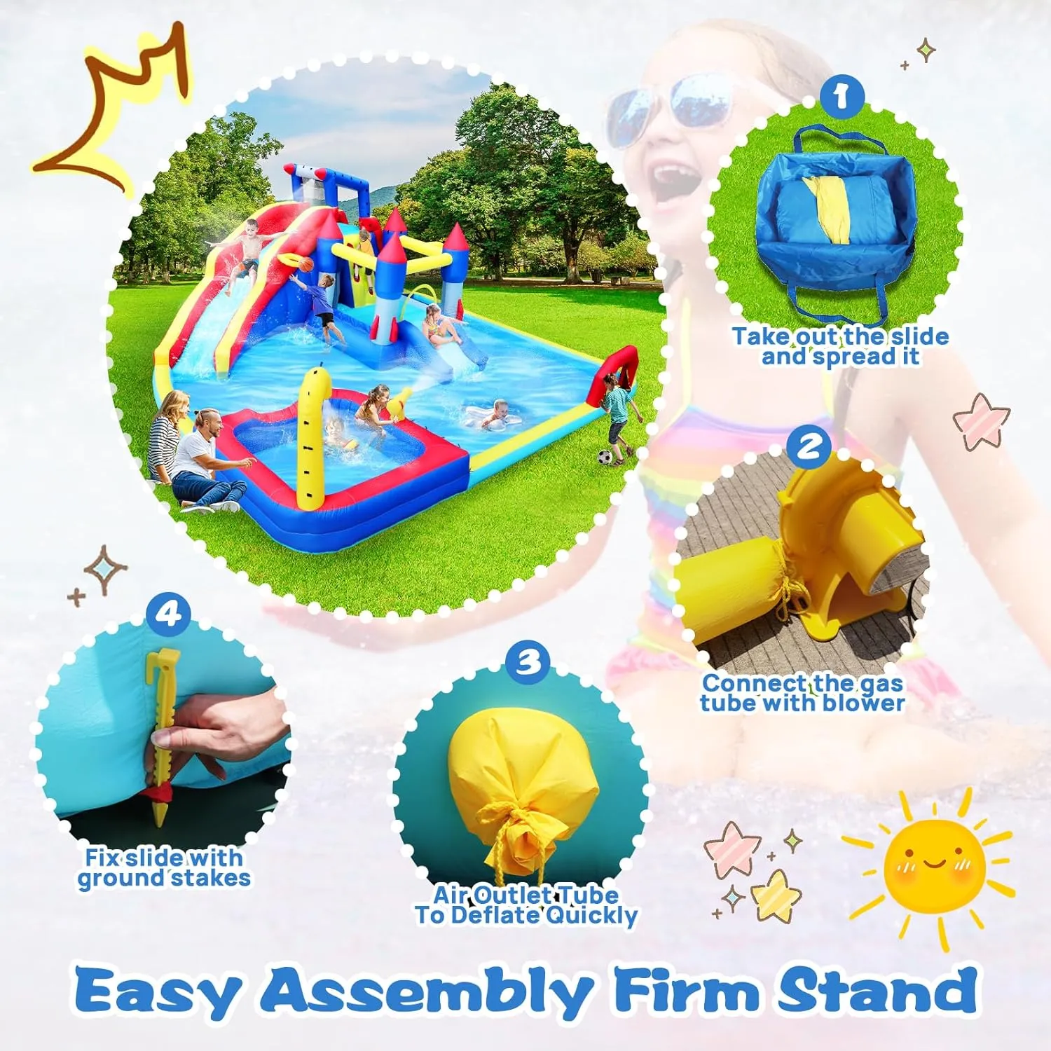 10 in1 Inflatable Slide Water Park Bouncing House Garden with Splash Pool & Water Gun & Basketball & Climbing Wall & Dual Pools & Soccer