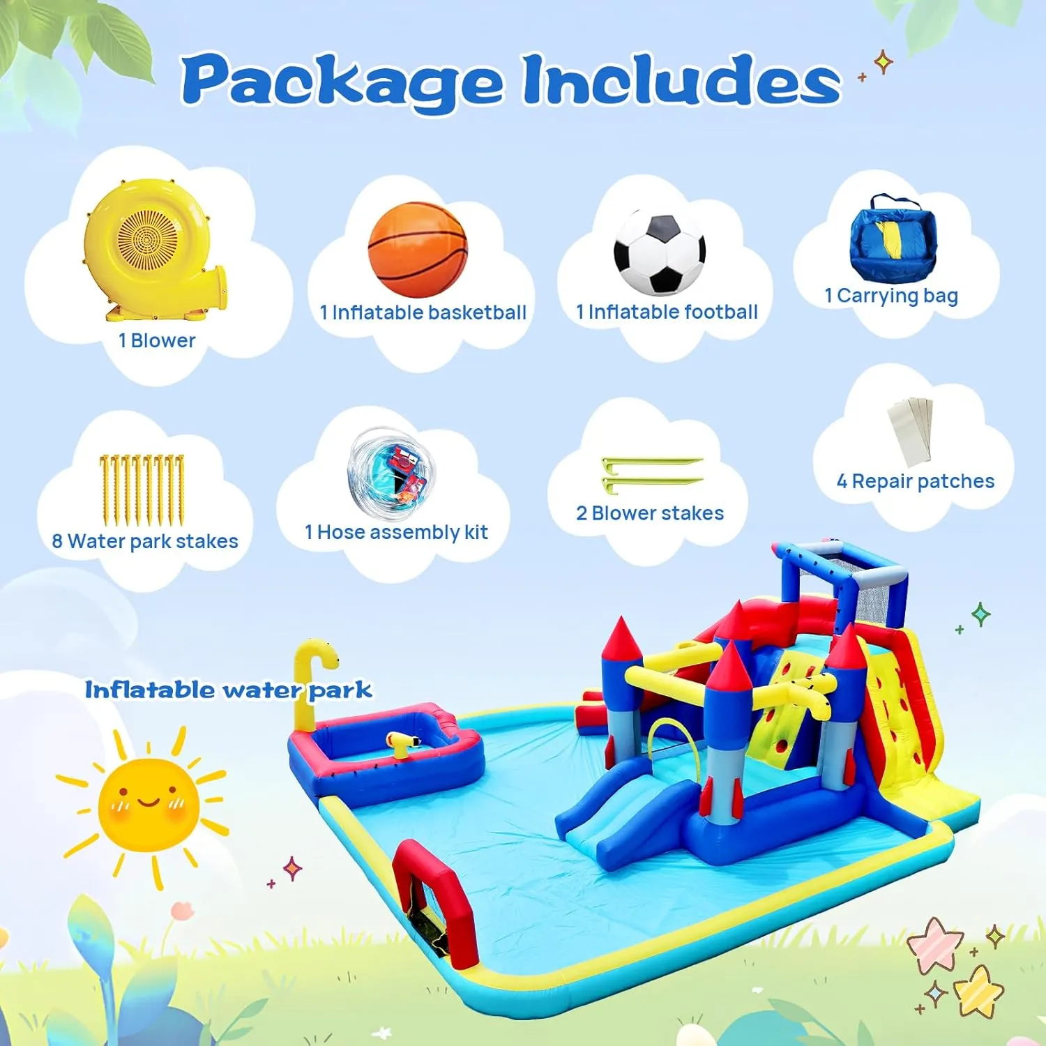 10 in1 Inflatable Slide Water Park Bouncing House Garden with Splash Pool & Water Gun & Basketball & Climbing Wall & Dual Pools & Soccer