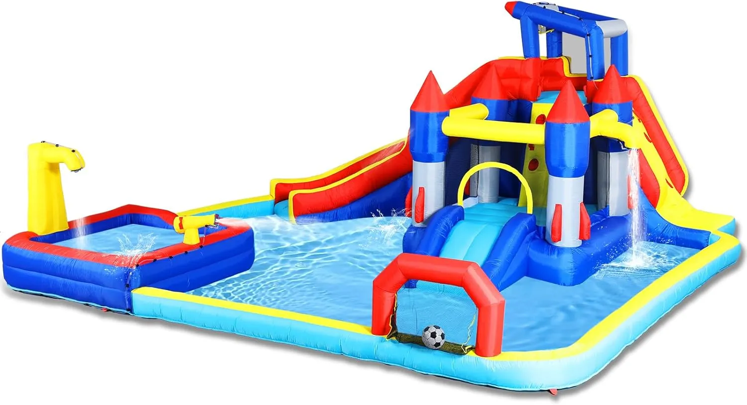 10 in1 Inflatable Slide Water Park Bouncing House Garden with Splash Pool & Water Gun & Basketball & Climbing Wall & Dual Pools & Soccer