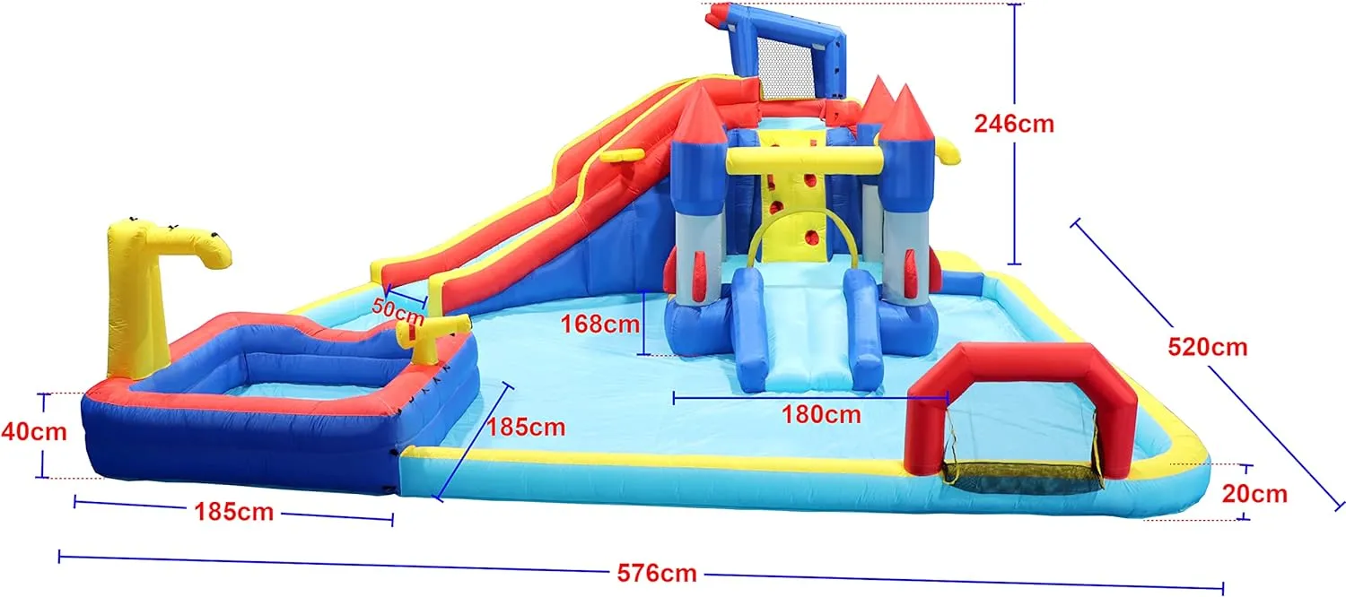 10 in1 Inflatable Slide Water Park Bouncing House Garden with Splash Pool & Water Gun & Basketball & Climbing Wall & Dual Pools & Soccer