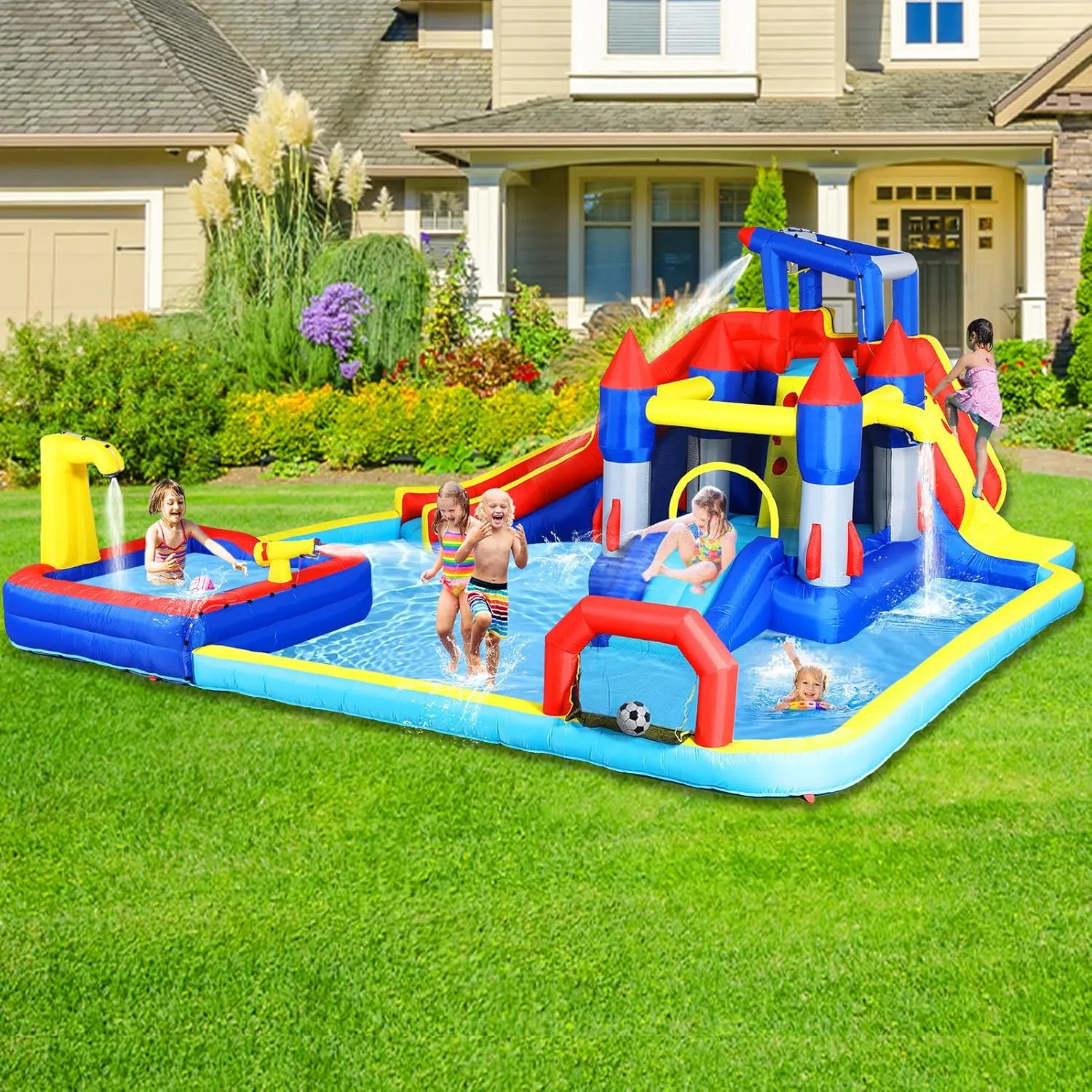 10 in1 Inflatable Slide Water Park Bouncing House Garden with Splash Pool & Water Gun & Basketball & Climbing Wall & Dual Pools & Soccer