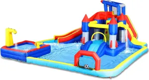 10 in1 Inflatable Slide Water Park Bouncing House Garden with Splash Pool & Water Gun & Basketball & Climbing Wall & Dual Pools & Soccer