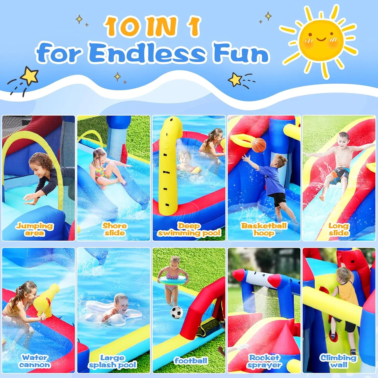 10 in1 Inflatable Slide Water Park Bouncing House Garden with Splash Pool & Water Gun & Basketball & Climbing Wall & Dual Pools & Soccer