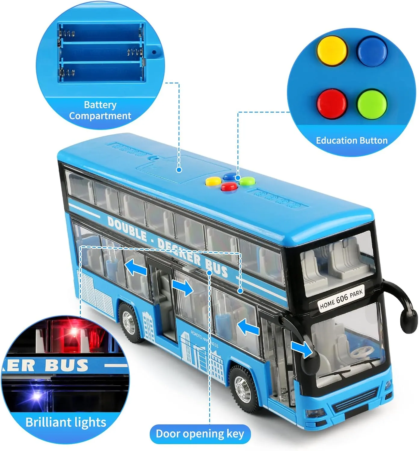 11"(28cm) Double Decker Bus Toy with Lights & Sounds, Scale(1:16) Friction Powered Bus Toy for Kids with Indoor Ceiling Lights and 4 Different Sounds - Gift for Kids Ages 3  (Bule)