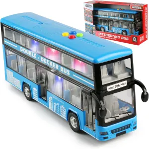 11"(28cm) Double Decker Bus Toy with Lights & Sounds, Scale(1:16) Friction Powered Bus Toy for Kids with Indoor Ceiling Lights and 4 Different Sounds - Gift for Kids Ages 3  (Bule)