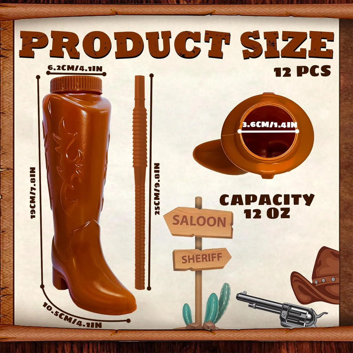 12 Pcs Cowboy Boot Party Plastic Cups with Straws and Lids 12 Ounces Plastic Cowboy Cups for Western Themed Party Supplies and Rodeo Decorations (Brown)