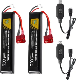 2 Pack 7.4V 2000mAh 452096 30C for Soft Gun Toy,Electric Soft Gun,Water Gun Toys,Airplane Toys,FPV UAV Remote,RC Cars,RC Boat,RC Truck Rechargeable Li-ion Battery T Connector with USB