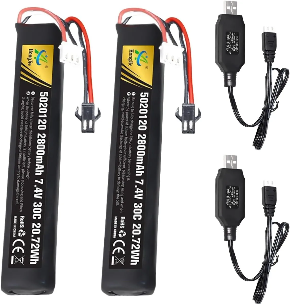 2 Pack 7.4V 2800mAh 5020120 30C for Soft Gun Toy,Electric Soft Gun,Water Gun Toys,Airplane Toys,FPV UAV Remote,RC Cars,RC Boat,RC Truck Rechargeable Li-ion Battery SM-2P Joint with USB Charging