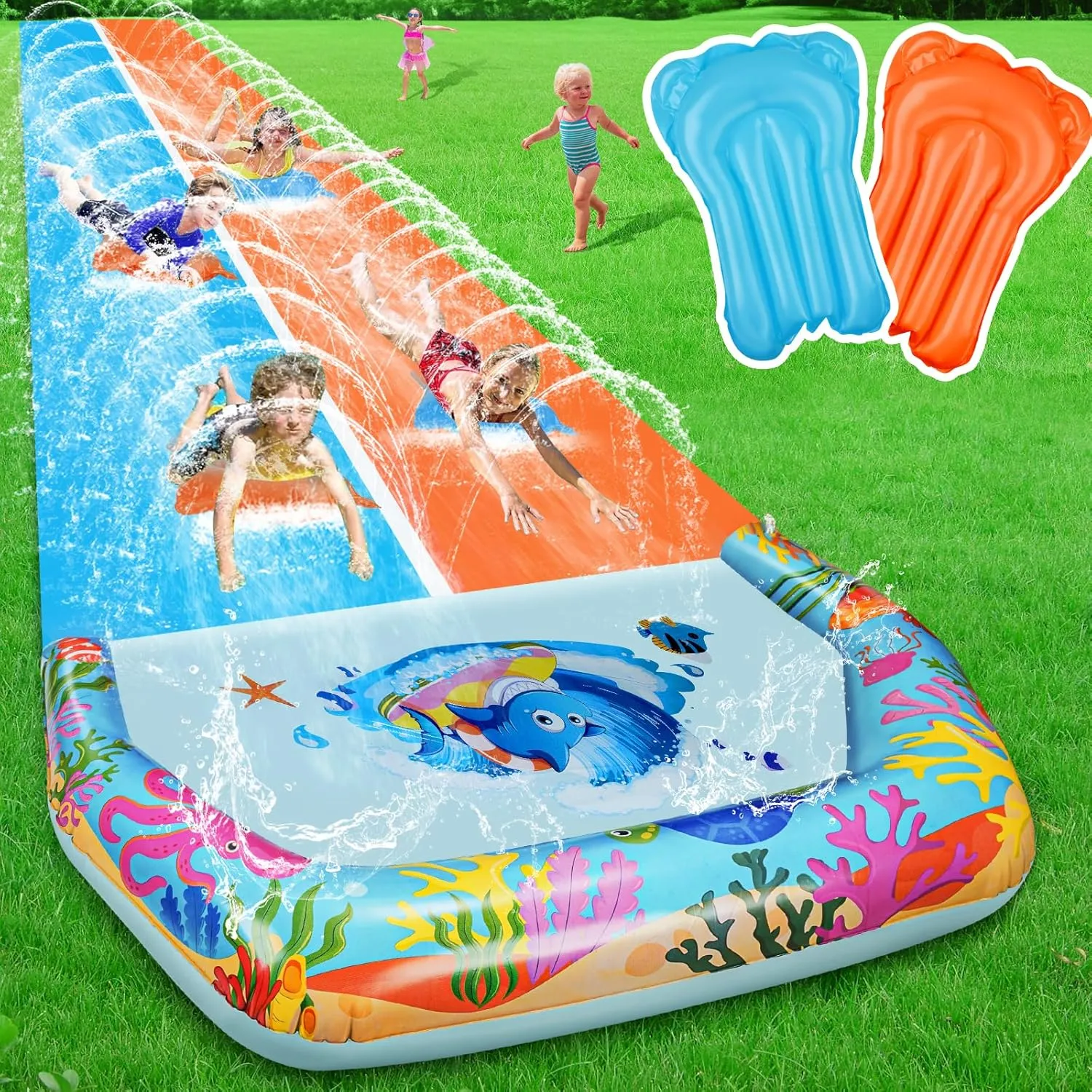 40FT Slip Double Water Slides with 2 Bodyboards, Extra Long Lawn Water Slides for Kids Adults Heavy Duty, Giant Outdoor Water Slip Toys with Crash Pad for Backyard Summer Party