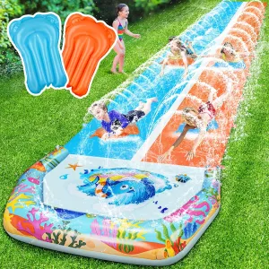 40FT Slip Double Water Slides with 2 Bodyboards, Extra Long Lawn Water Slides for Kids Adults Heavy Duty, Giant Outdoor Water Slip Toys with Crash Pad for Backyard Summer Party
