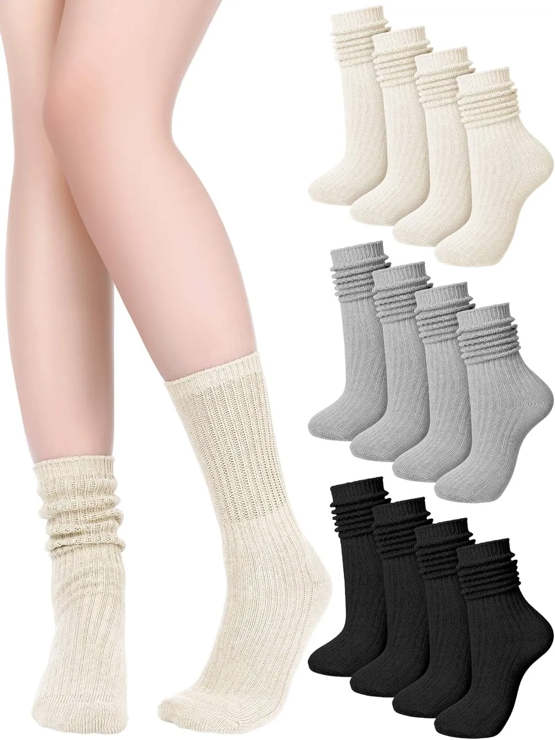 6 Pack Women Cotton Slouch Socks Summer Breathable Scrunch Stacked Boot Crew Socks for Women