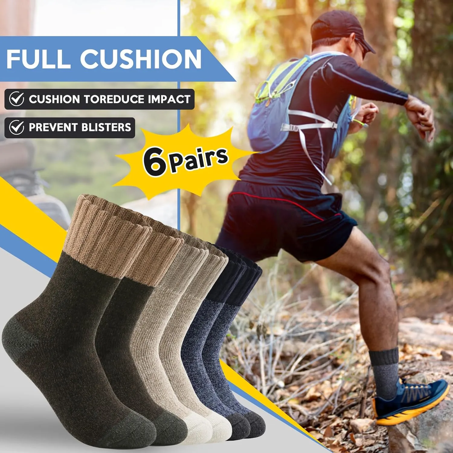 6 Pairs Men's Merino Wool Crew Socks - Thermal Winter Warm Breathable Cozy Cold Weather Hiking Socks for Men