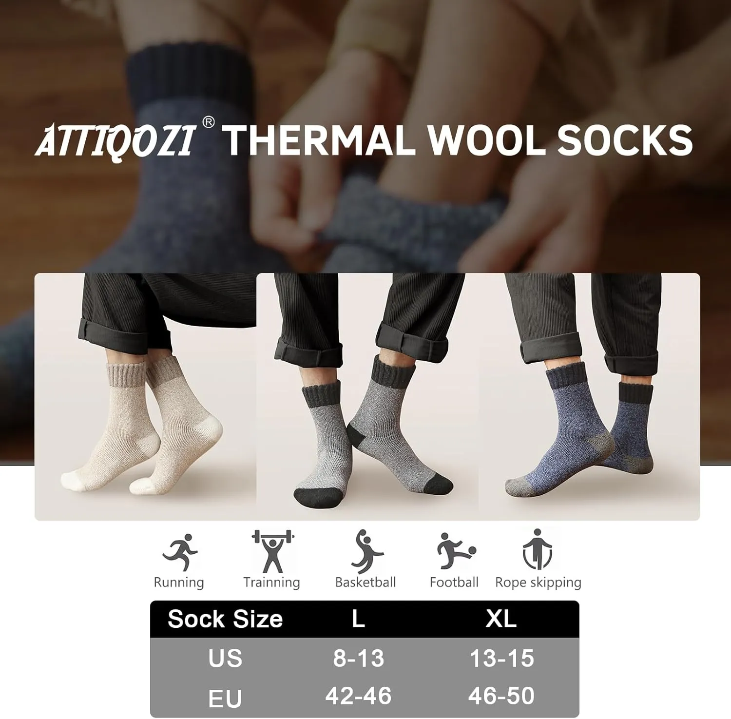 6 Pairs Men's Merino Wool Crew Socks - Thermal Winter Warm Breathable Cozy Cold Weather Hiking Socks for Men