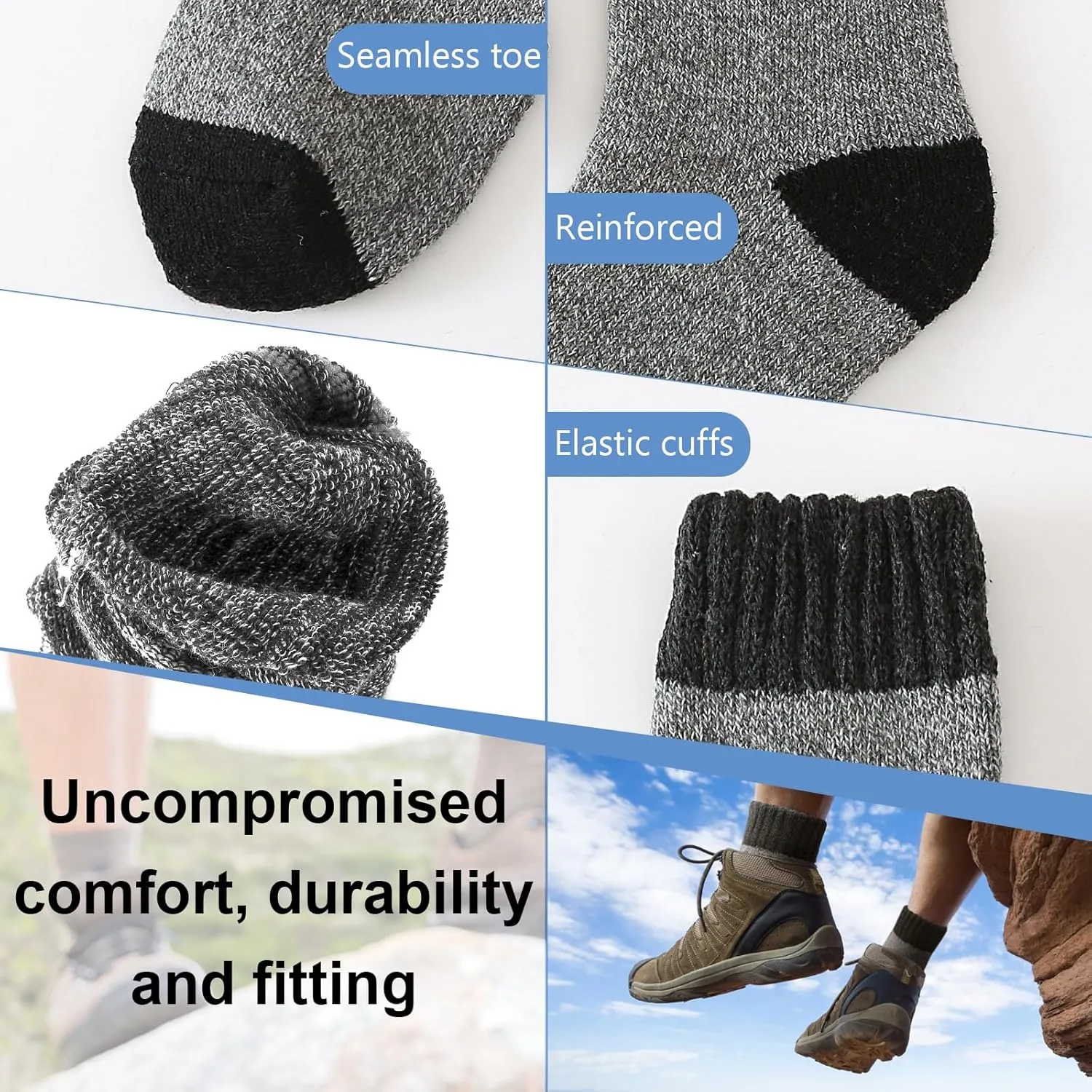 6 Pairs Men's Merino Wool Crew Socks - Thermal Winter Warm Breathable Cozy Cold Weather Hiking Socks for Men