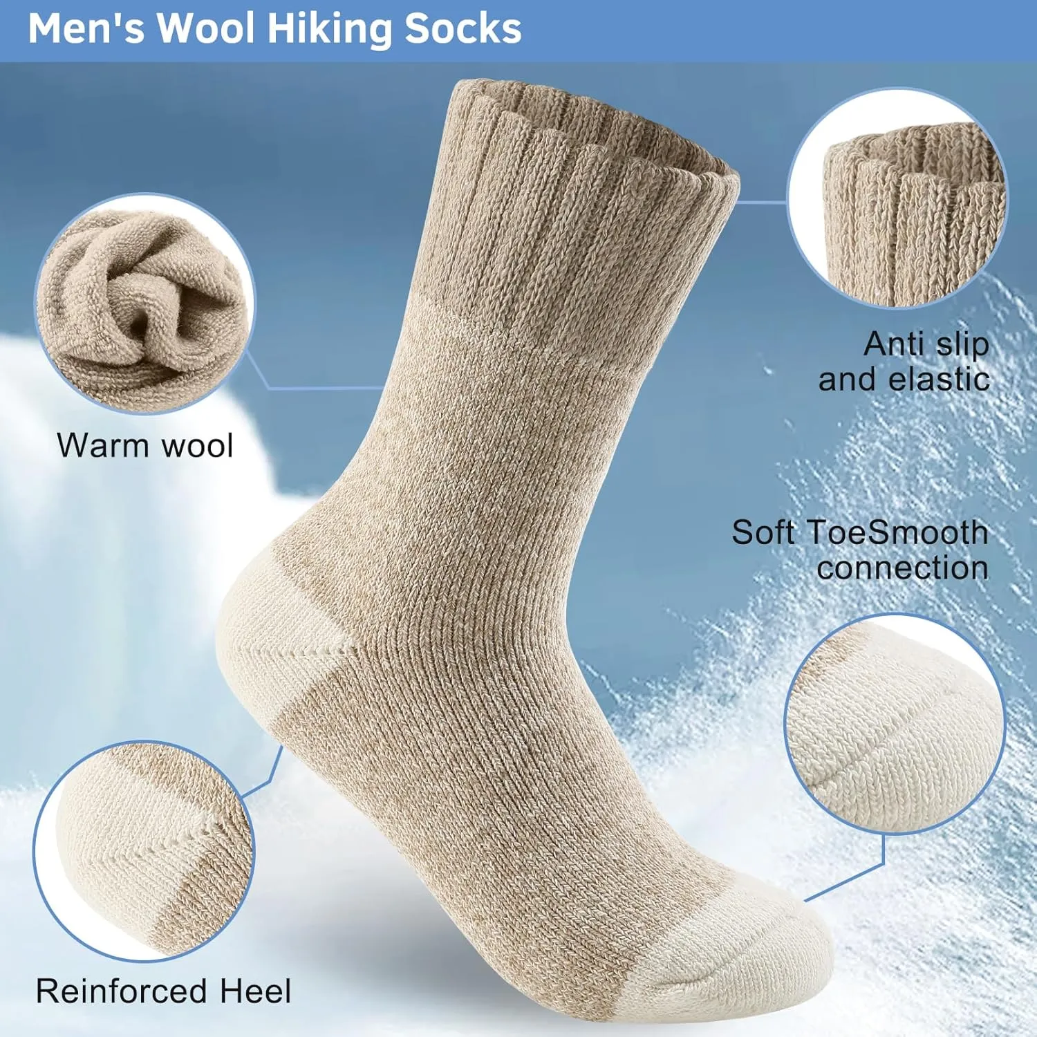 6 Pairs Men's Merino Wool Crew Socks - Thermal Winter Warm Breathable Cozy Cold Weather Hiking Socks for Men