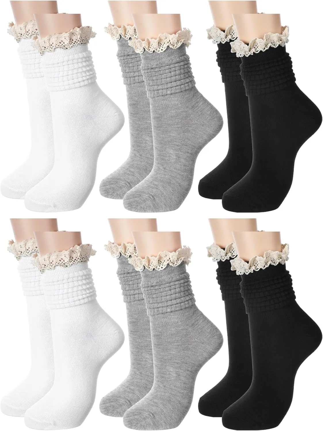 6 Pairs Women Slouch Socks - Ruffle Frilly Turn Cuff Cotton Knit Lace Trim Knee High Scrunch Boot Socks
