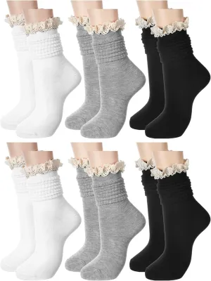 6 Pairs Women Slouch Socks - Ruffle Frilly Turn Cuff Cotton Knit Lace Trim Knee High Scrunch Boot Socks