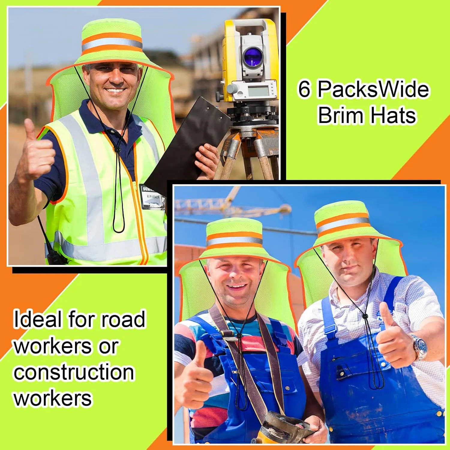 6 Pcs Reflective Safety Hat High Visibility Neck Flap Boonie Hat Wide Brim Work Hats Breathable Bucket Cap for Worker