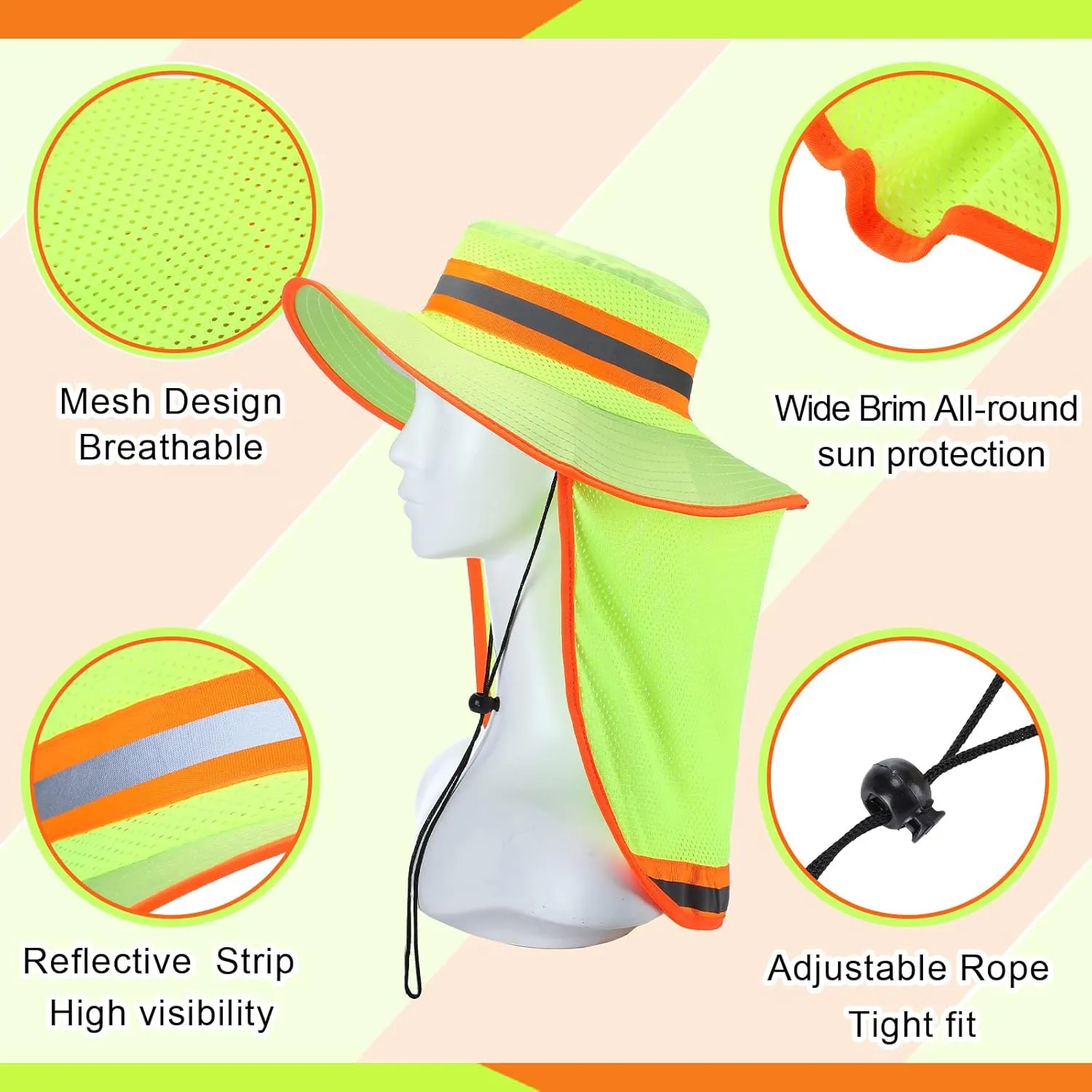 6 Pcs Reflective Safety Hat High Visibility Neck Flap Boonie Hat Wide Brim Work Hats Breathable Bucket Cap for Worker