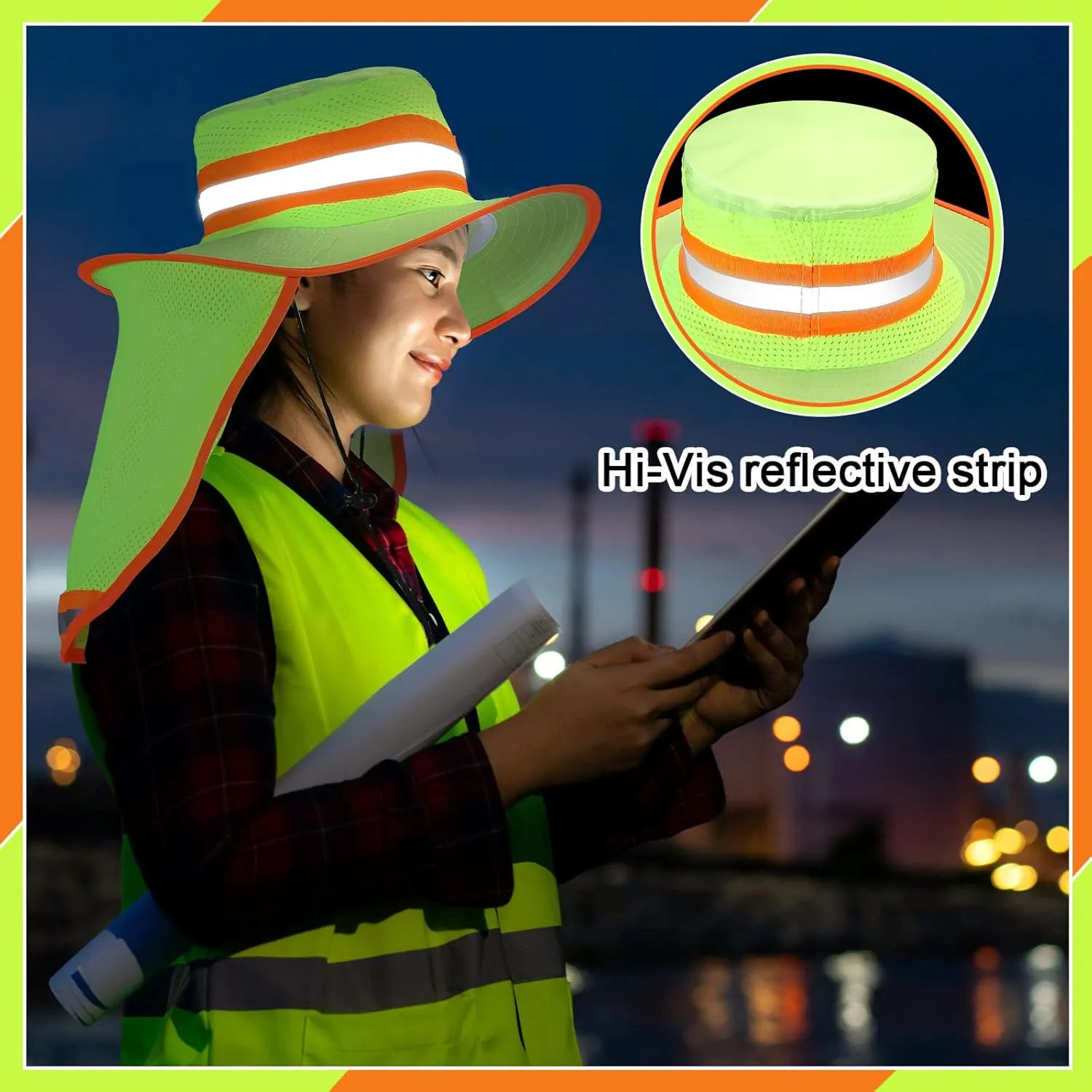 6 Pcs Reflective Safety Hat High Visibility Neck Flap Boonie Hat Wide Brim Work Hats Breathable Bucket Cap for Worker