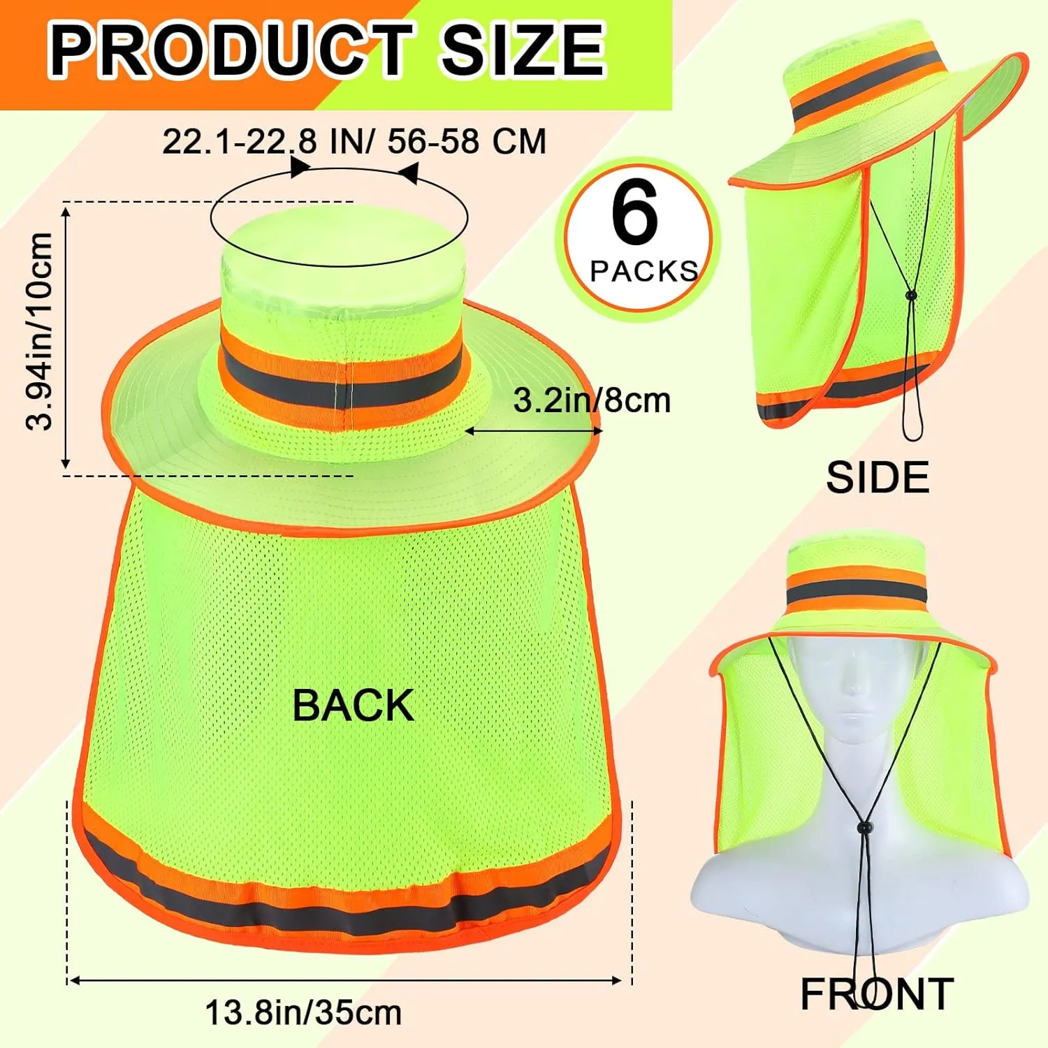 6 Pcs Reflective Safety Hat High Visibility Neck Flap Boonie Hat Wide Brim Work Hats Breathable Bucket Cap for Worker
