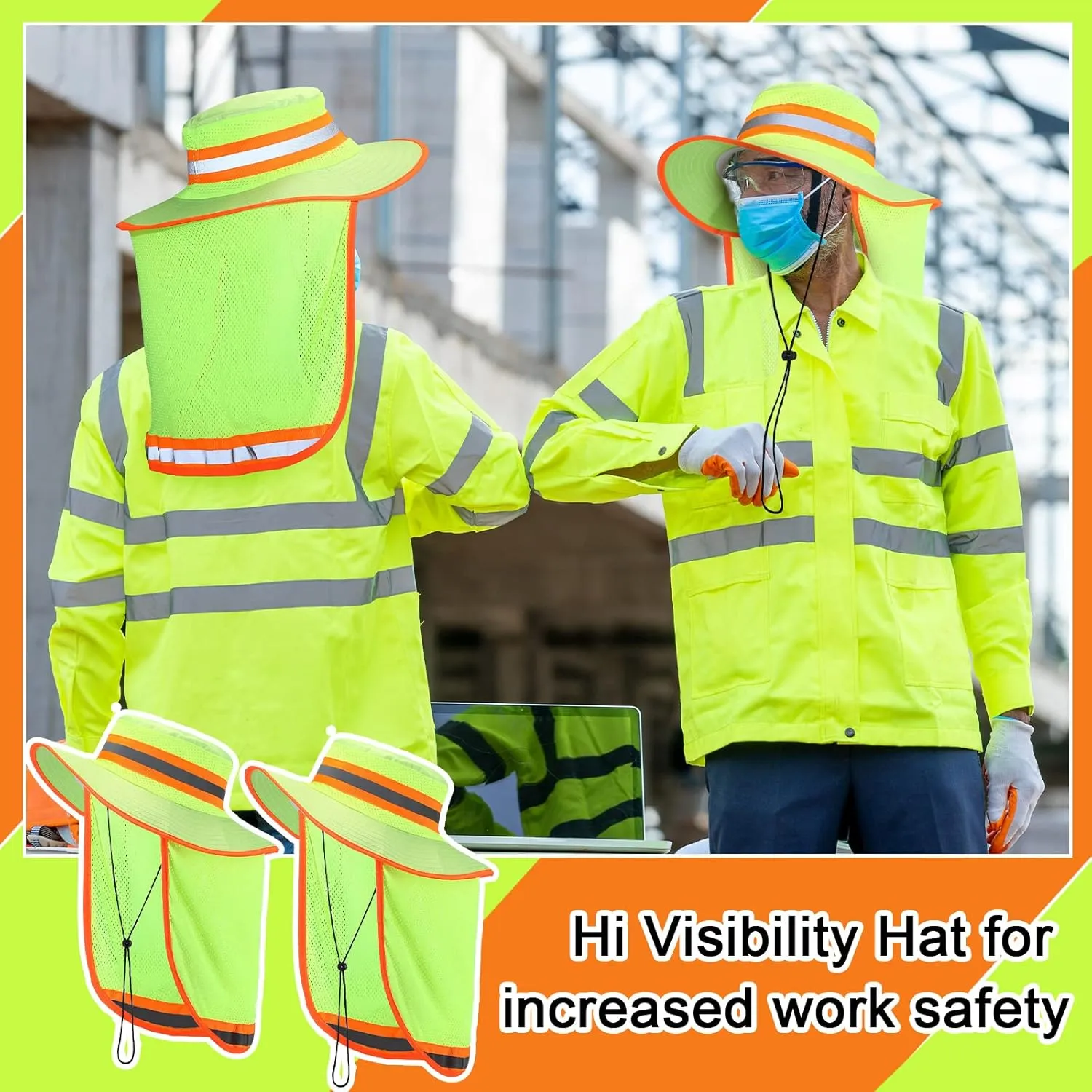 6 Pcs Reflective Safety Hat High Visibility Neck Flap Boonie Hat Wide Brim Work Hats Breathable Bucket Cap for Worker