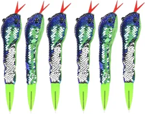 8" Green/Blue to Silver Flip Sequin Snake Pen - Nice Stuffed Animal Soft Plush Toy (6 Pack) (Sequin Snake, 6, Pen)