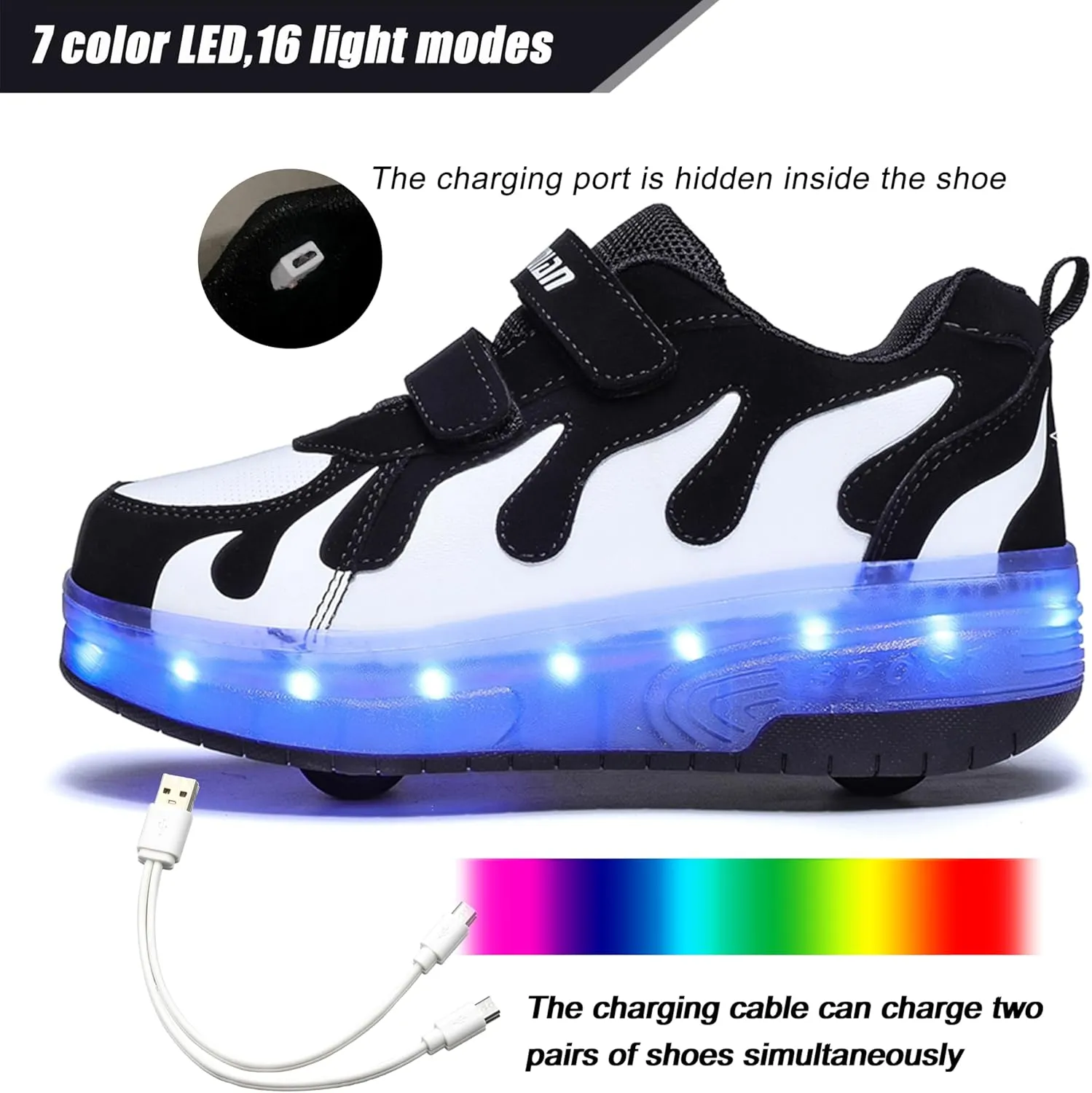 Aikuass USB Chargable LED Light Up Roller Shoes Wheeled Skate Sneaker Shoes for Boys Girls Kids