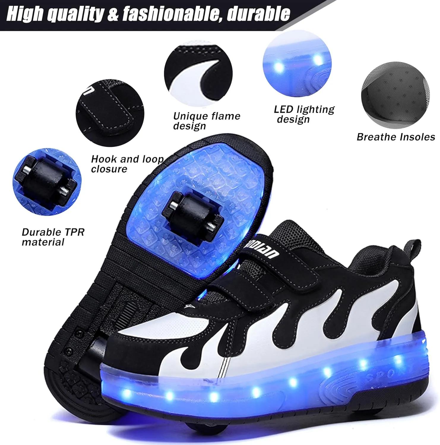 Aikuass USB Chargable LED Light Up Roller Shoes Wheeled Skate Sneaker Shoes for Boys Girls Kids