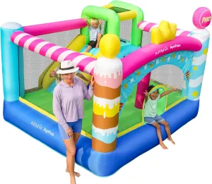 AirMyFun & AyoFree Bounce House, Bouncy House with Slide, Indoor Outdoor Inflatable Bounce House for Kids, Party Theme Bounce Castle with Large Jumping Area, Basketball Hoop