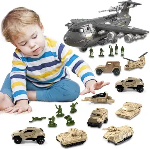 Airplane Toys Set, Transport Cargo Airplane and 8 Army Vehicals, Army Men Trucks Airplanes Helicopter， Birthday Gift for Kids Toddlers Boys 3 4 5 6 Years Old