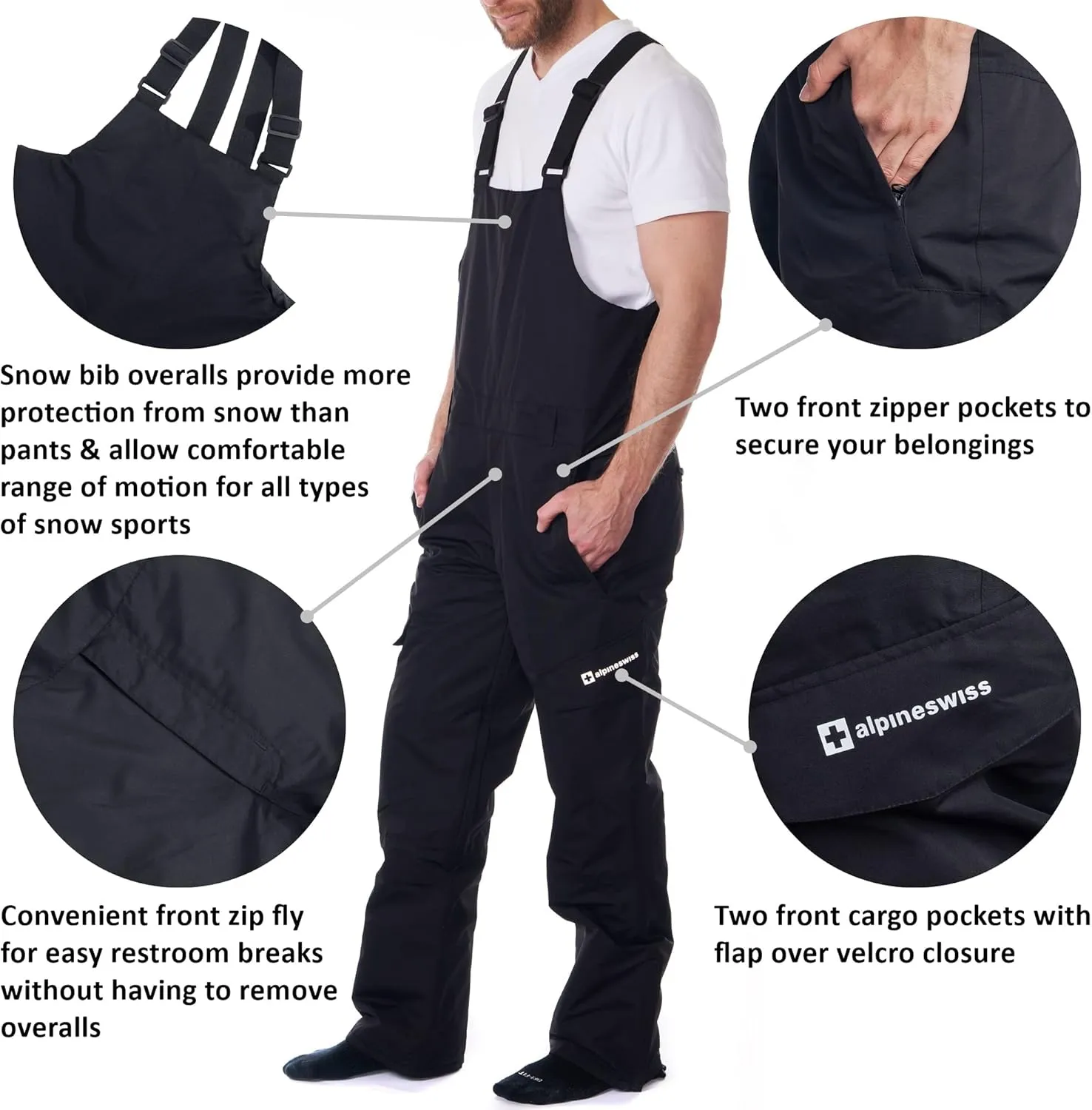 Alpine Swiss Men’s Insulated Snow Bib Overalls Waterproof Winter Ski & Snowboard Pants with enhanced technical features