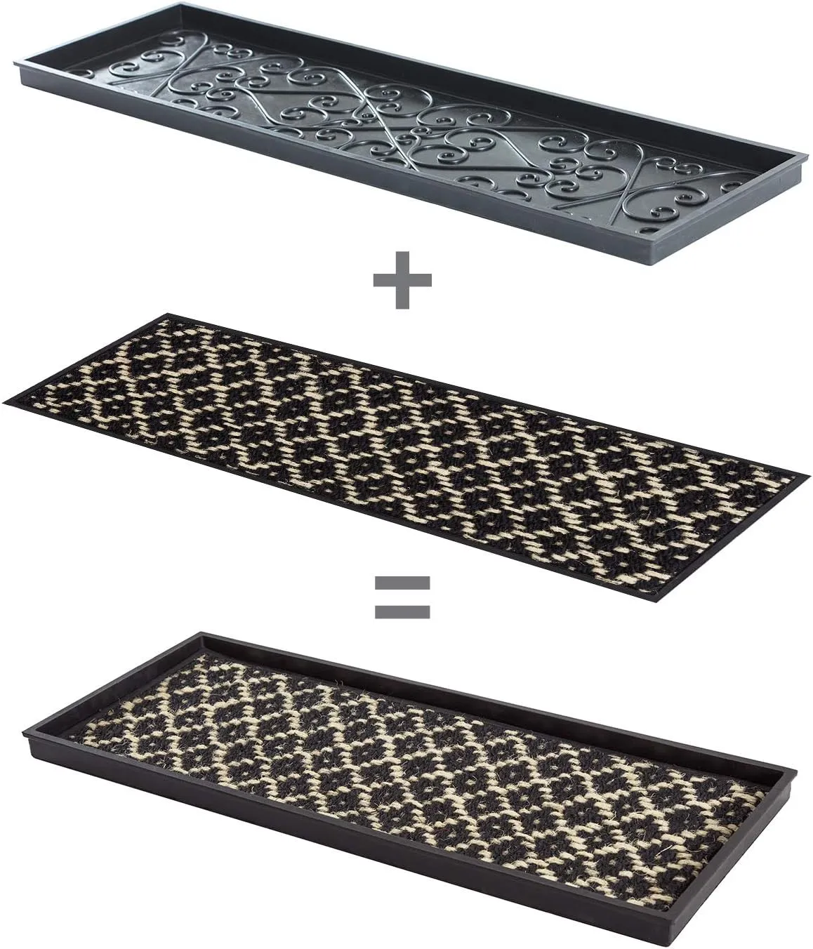 Anji Mountain AMB0BT3F-005 Black Rubber Boot/Shoe Tray with Coir, Fits 3 Pair (34.5" Wide), Black & Ivory Insert