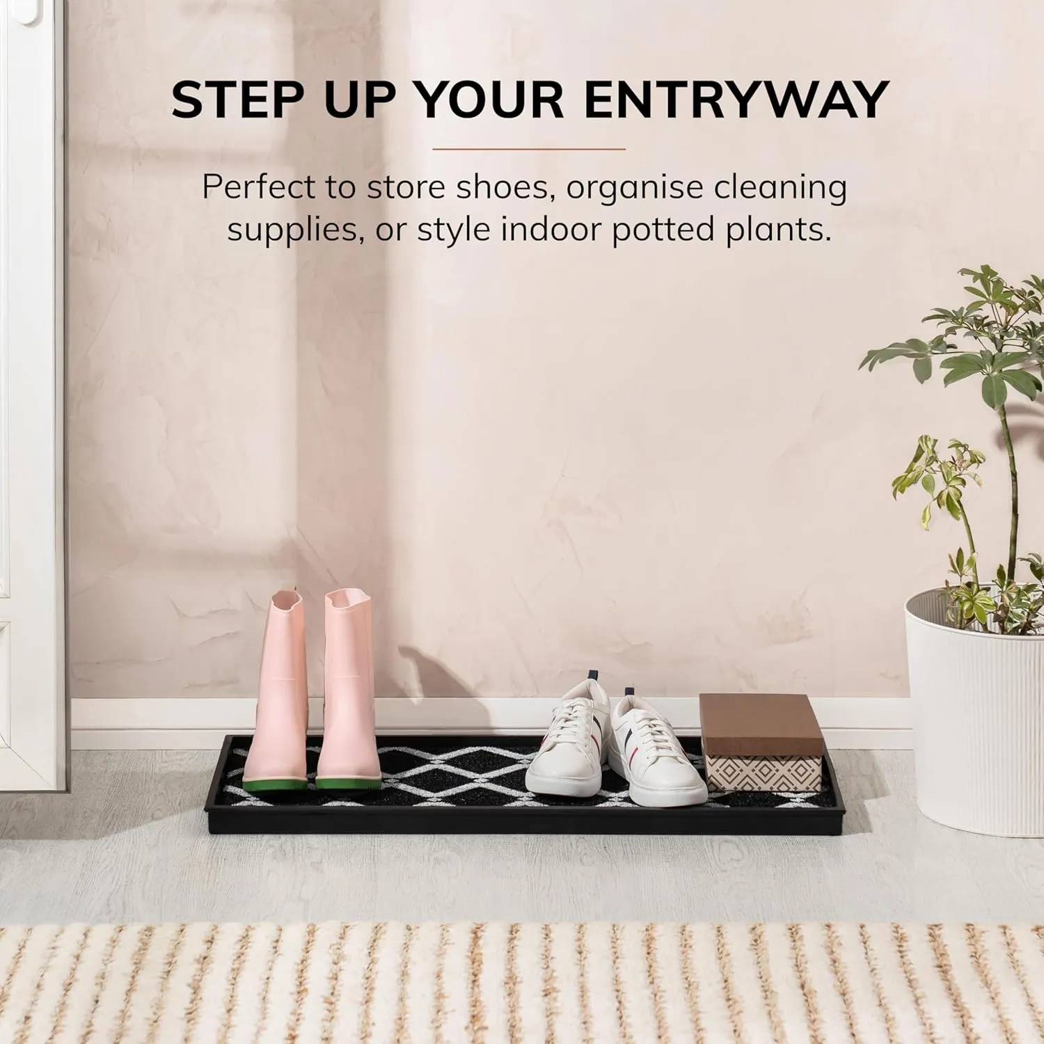 Anji Mountain Heavy Duty Waterproof Rubber Shoe Storage Mat Organizer/Boot Storage Tray Multi Use for Entryway with Coir, Black and Ivory Insert, Fits 3 Pair (34.5" Wide)