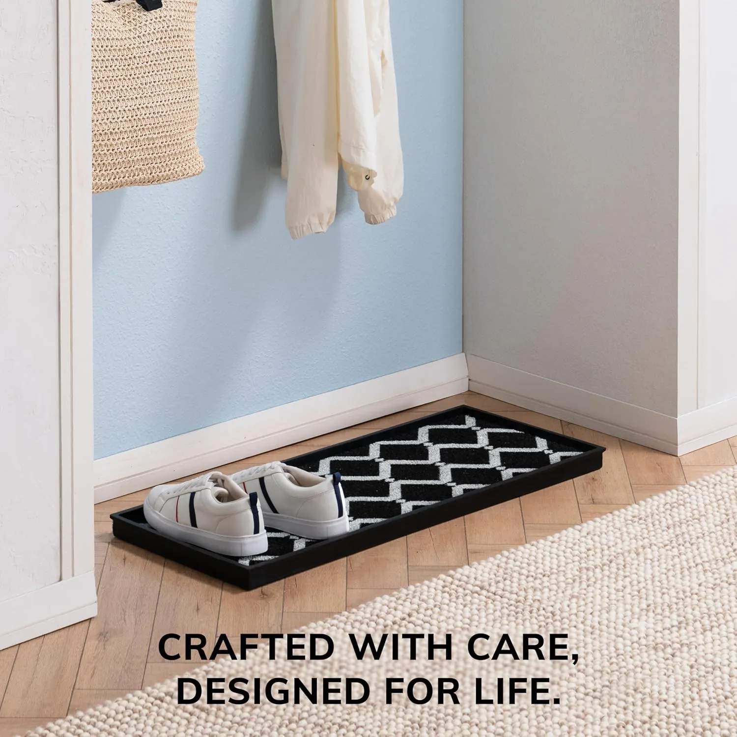 Anji Mountain Heavy Duty Waterproof Rubber Shoe Storage Mat Organizer/Boot Storage Tray Multi Use for Entryway with Coir, Black and Ivory Insert, Fits 3 Pair (34.5" Wide)