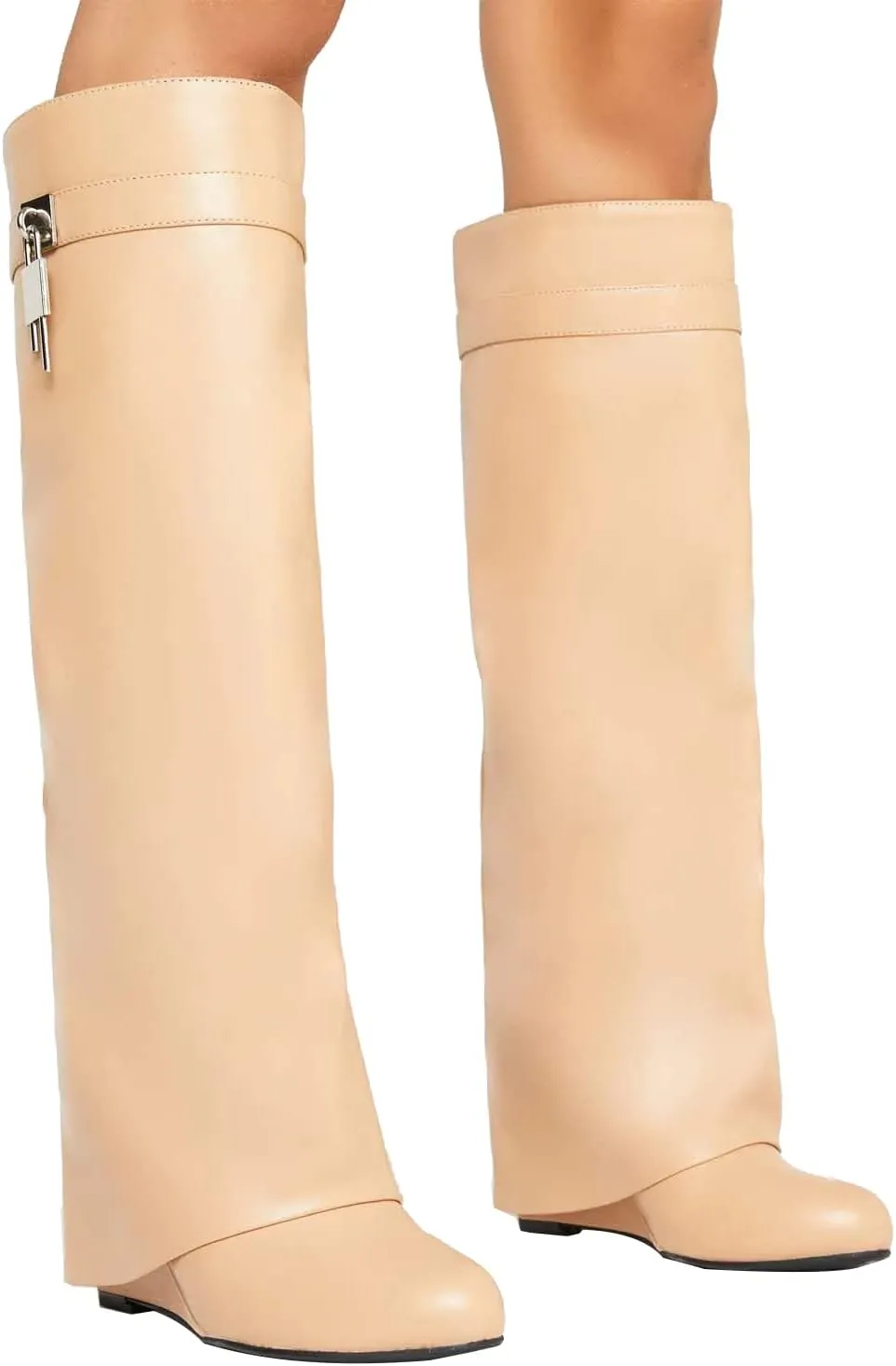 Arqa Fold Over Knee High Boots for Women Covered Wedge Heel Padlock Boot Almond Toe Wide Calf Pull-on Fashion Boots Party Shoes