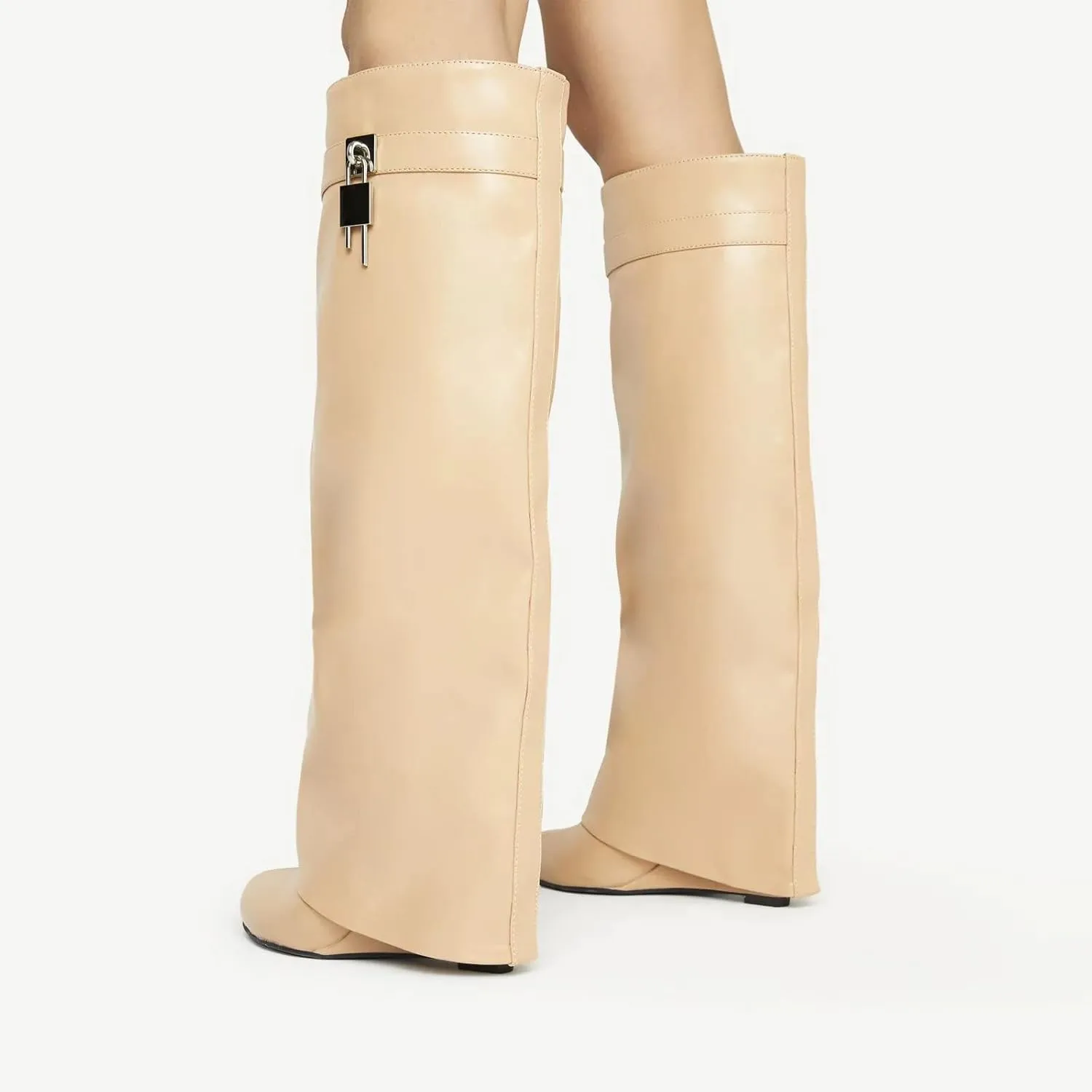 Arqa Fold Over Knee High Boots for Women Covered Wedge Heel Padlock Boot Almond Toe Wide Calf Pull-on Fashion Boots Party Shoes