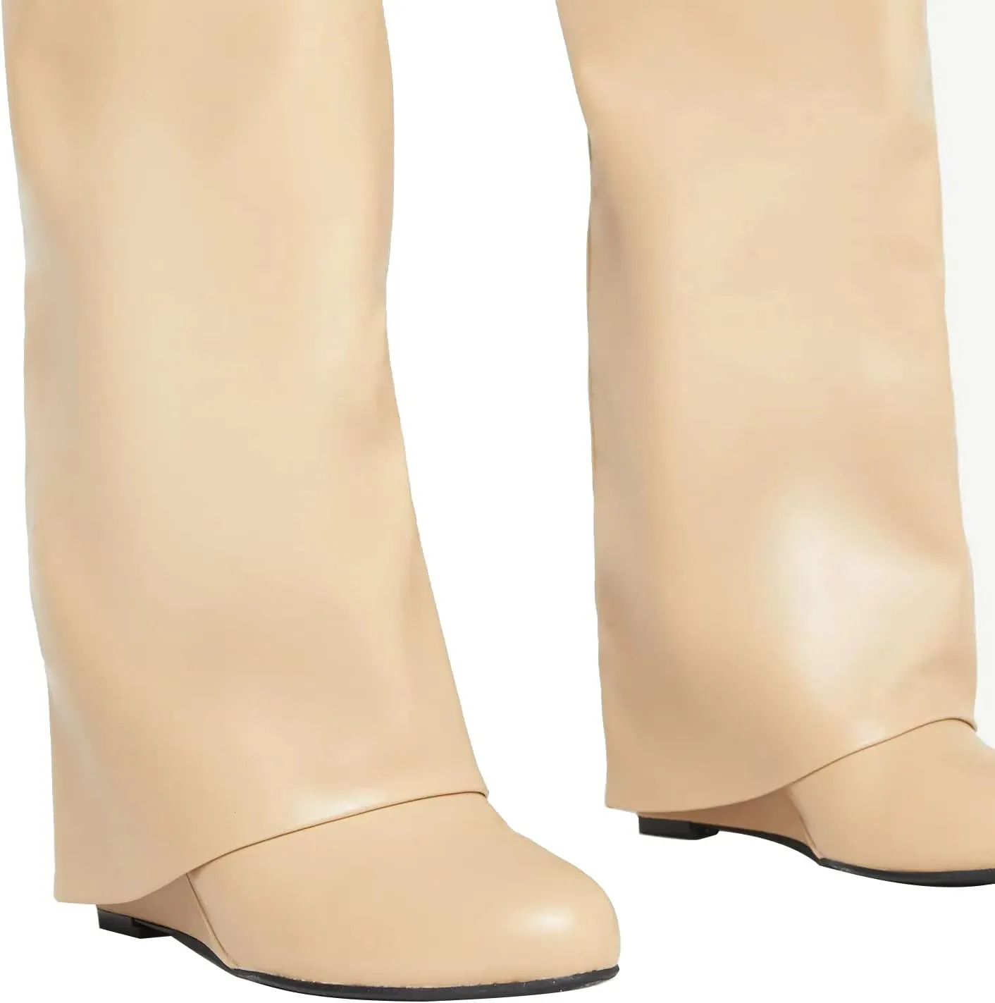 Arqa Fold Over Knee High Boots for Women Covered Wedge Heel Padlock Boot Almond Toe Wide Calf Pull-on Fashion Boots Party Shoes