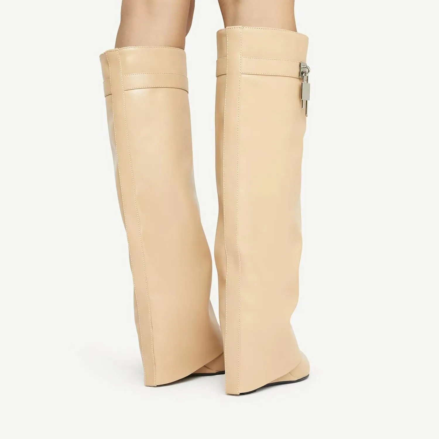 Arqa Fold Over Knee High Boots for Women Covered Wedge Heel Padlock Boot Almond Toe Wide Calf Pull-on Fashion Boots Party Shoes