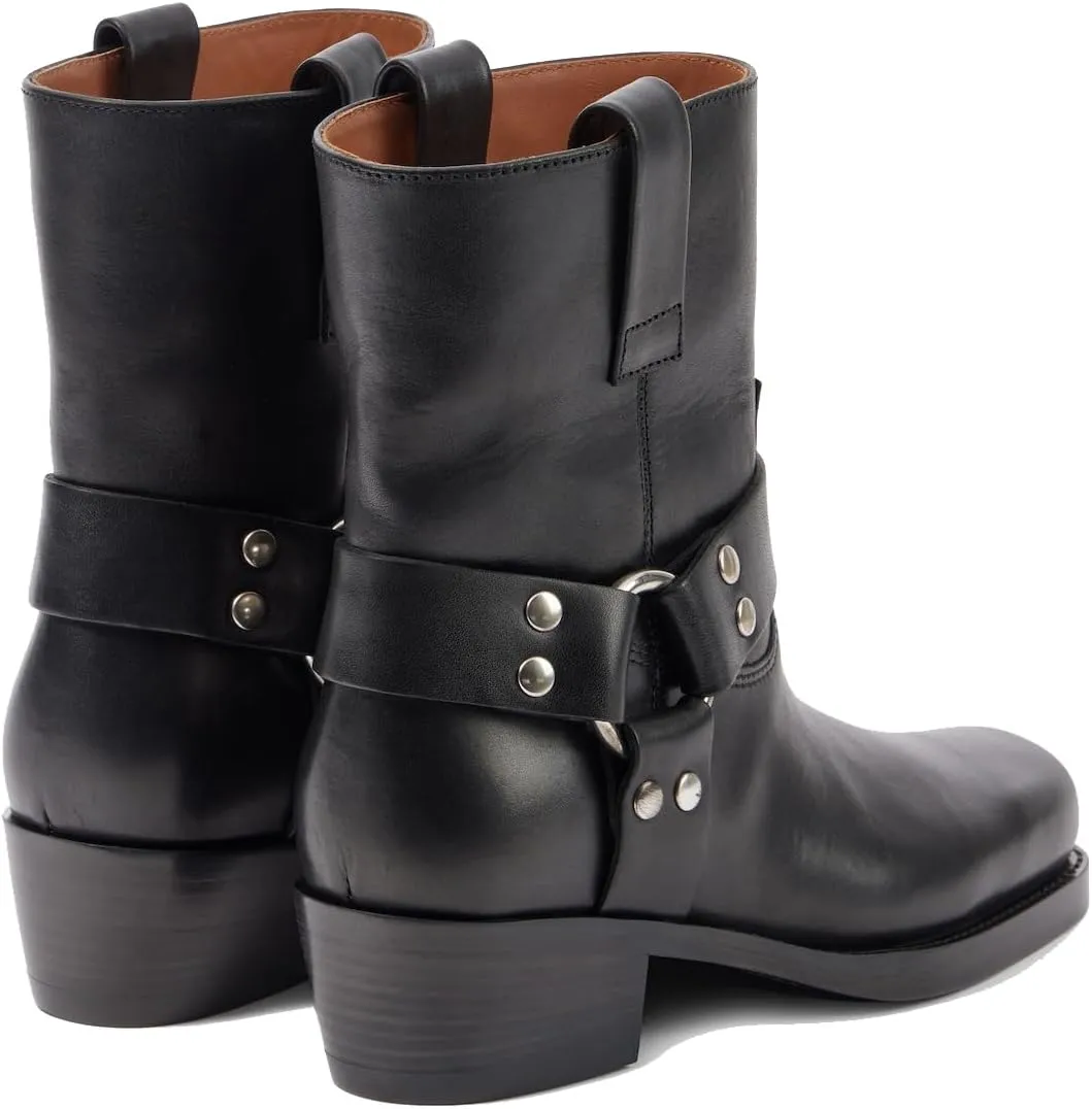 Arqa Suede Biker Boots for Women Square Toe Chunky Heel Studded Riding Ankle Boot Buckled Strap Motorcycle Booties