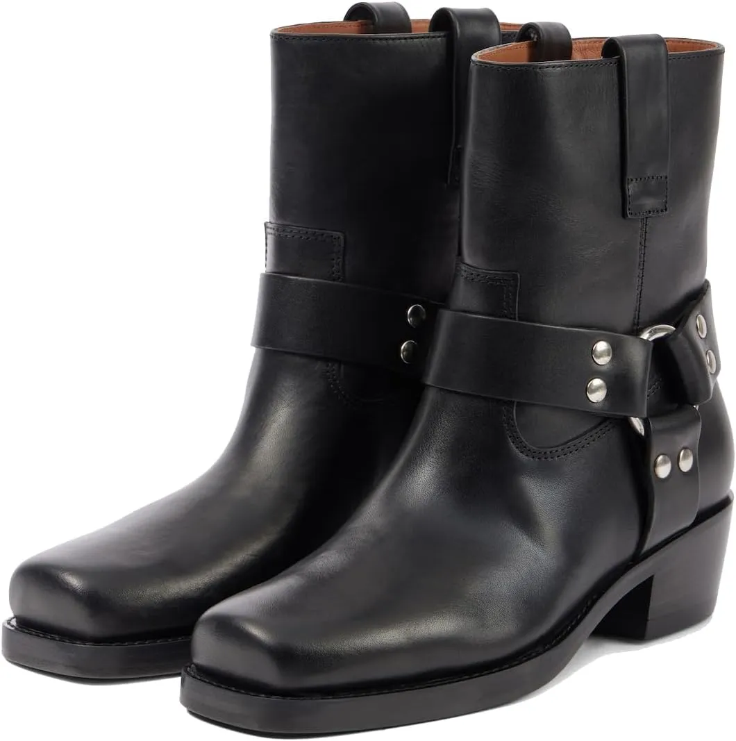 Arqa Suede Biker Boots for Women Square Toe Chunky Heel Studded Riding Ankle Boot Buckled Strap Motorcycle Booties