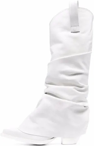 Arqa Women's Slouched Ruched Fold Over Boots Chunky Heel Embroidery Western Cowboy for Women Casual Mid Calf Boot