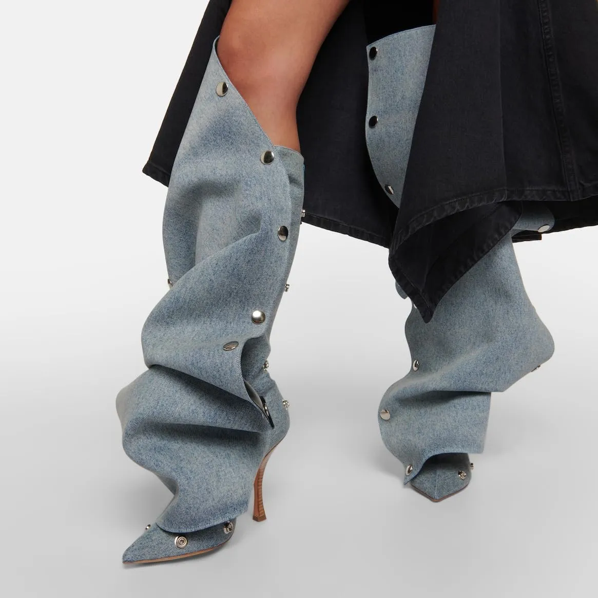 Arqa Womens Stiletto Heel Knee High Boots Pointed Toe Applique Denim Boot with Zipper Silver Buttons Fall Slouchy Boot