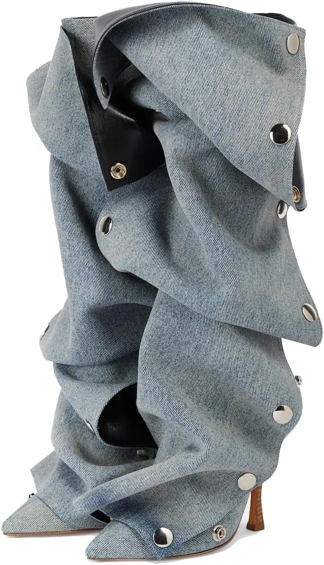 Arqa Womens Stiletto Heel Knee High Boots Pointed Toe Applique Denim Boot with Zipper Silver Buttons Fall Slouchy Boot