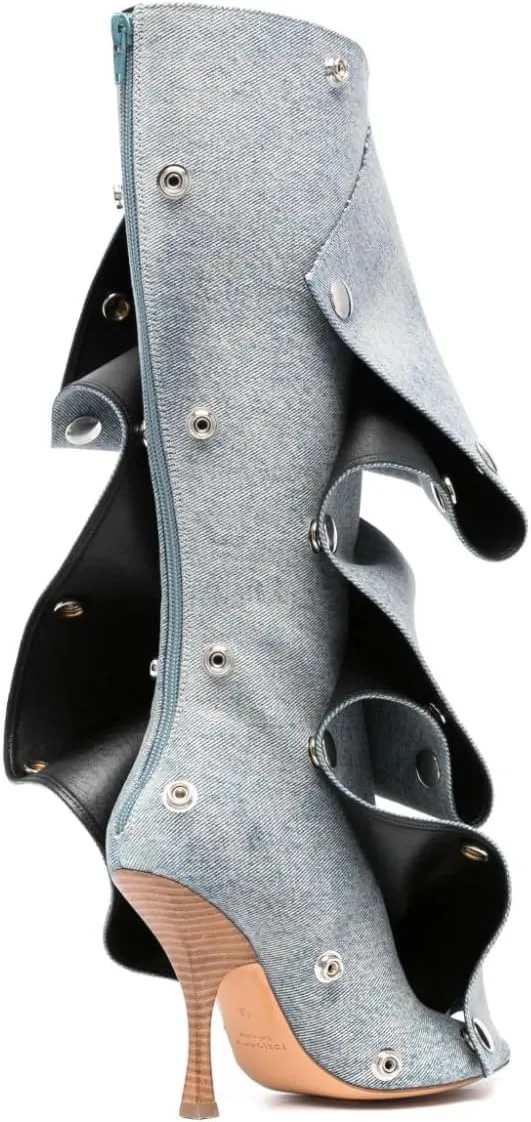 Arqa Womens Stiletto Heel Knee High Boots Pointed Toe Applique Denim Boot with Zipper Silver Buttons Fall Slouchy Boot