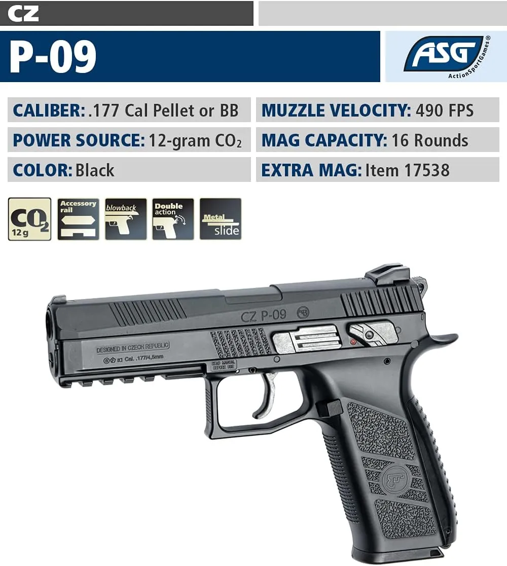 ASG CZ P-09 .177 Caliber Pellet/BB Gun Blowback Air Pistol