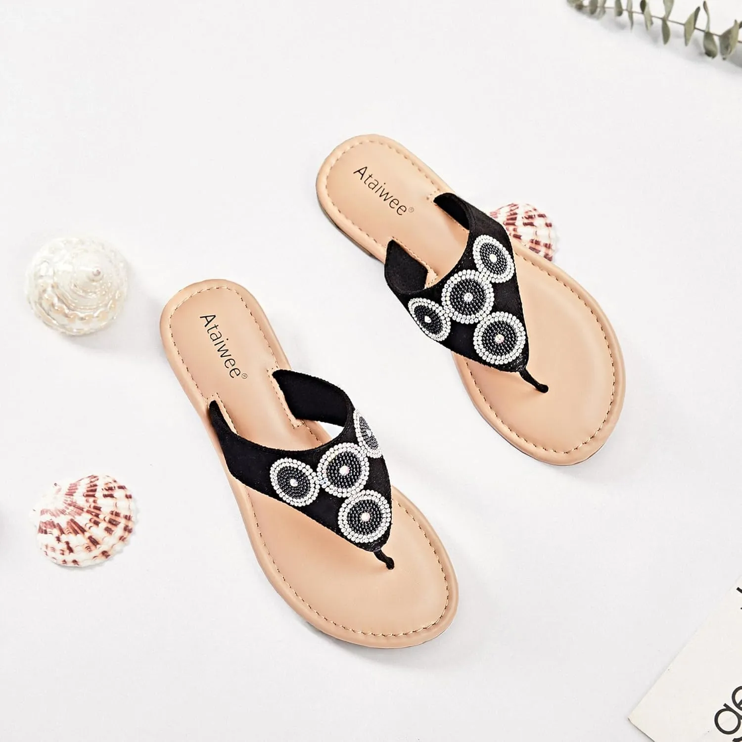 Ataiwee Women's Flat Slide Sandals - Casual Bling Bohemian Thong Slip on Summer Flat Sandals.