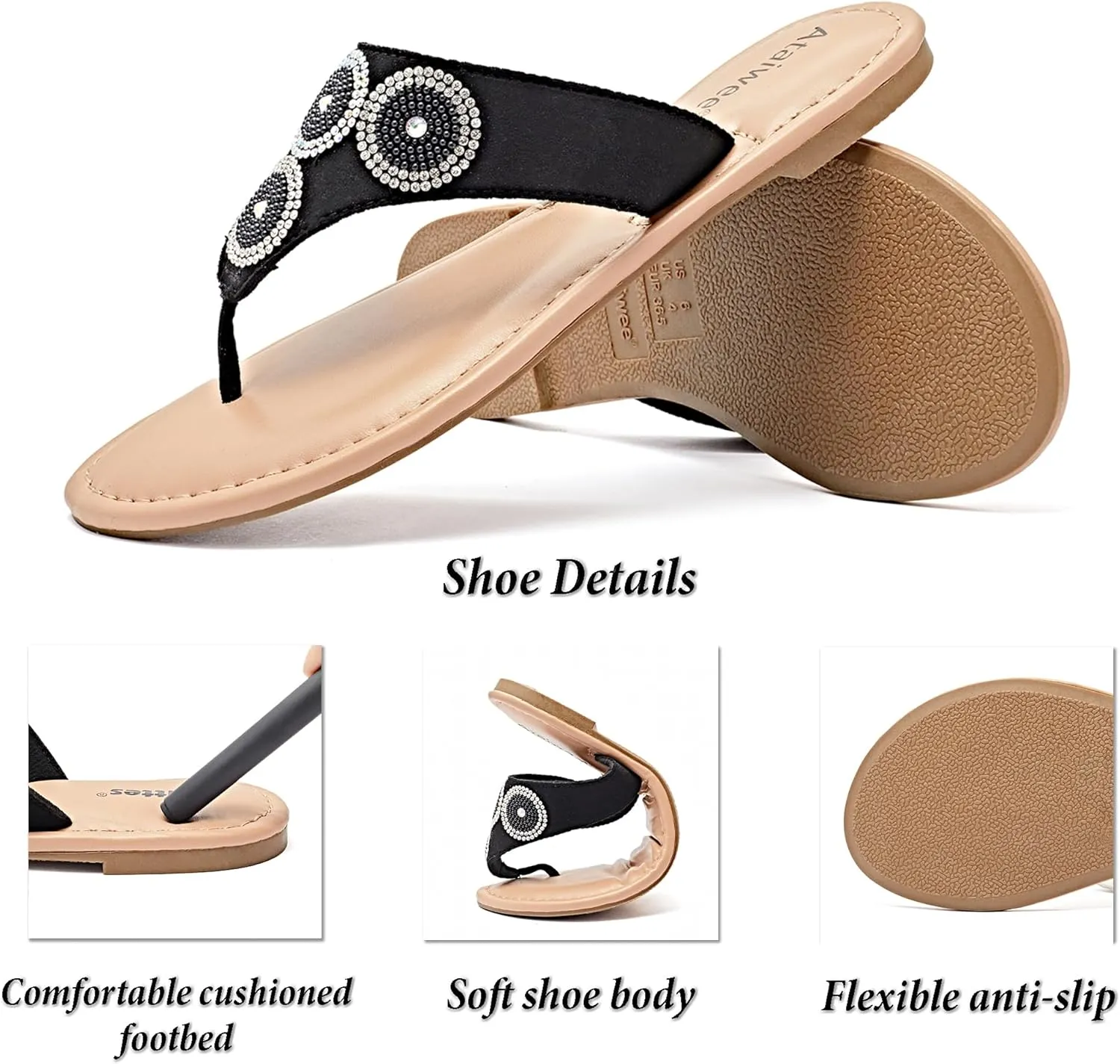 Ataiwee Women's Flat Slide Sandals - Casual Bling Bohemian Thong Slip on Summer Flat Sandals.