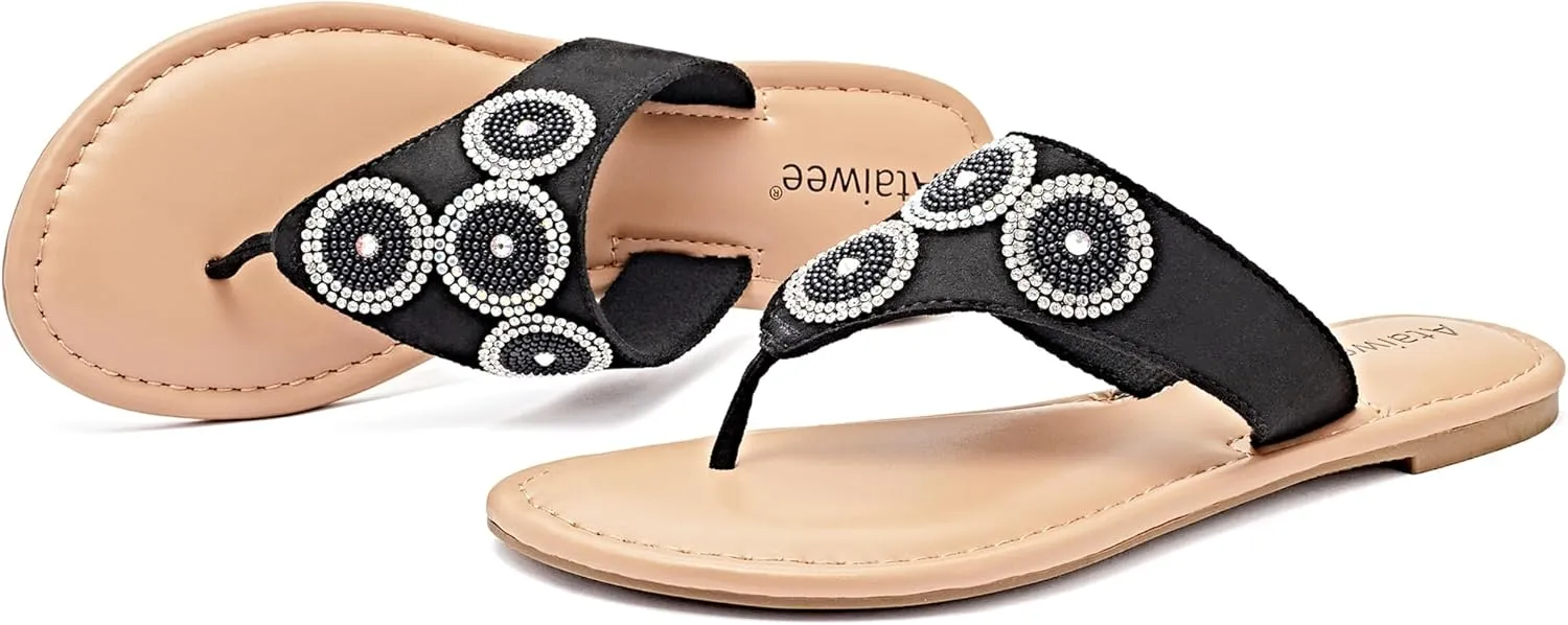 Ataiwee Women's Flat Slide Sandals - Casual Bling Bohemian Thong Slip on Summer Flat Sandals.