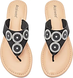 Ataiwee Women's Flat Slide Sandals - Casual Bling Bohemian Thong Slip on Summer Flat Sandals.